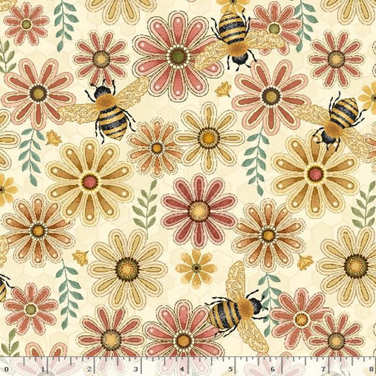 R792122D-CREAM Honeycomb Hollow Flowers & Bees Fabric