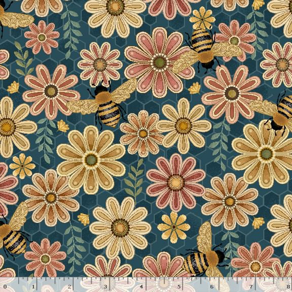 R792122D-TEAL Honeycomb Hollow Flowers & Bees Fabric